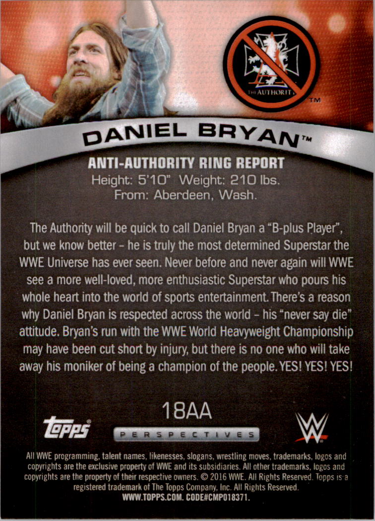 2016 Topps WWE Anti-Authority Perspectives #18AA Daniel Bryan back image
