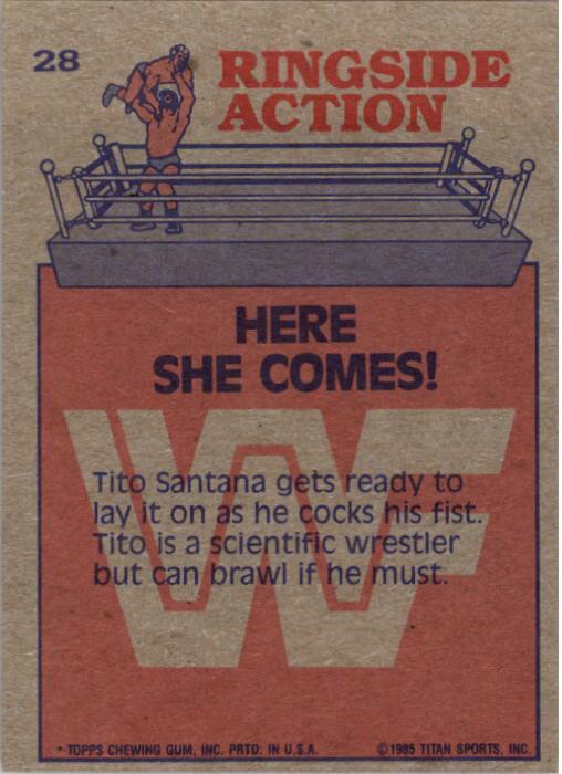 1985 Topps WWF #28 Here She Comes! RA back image