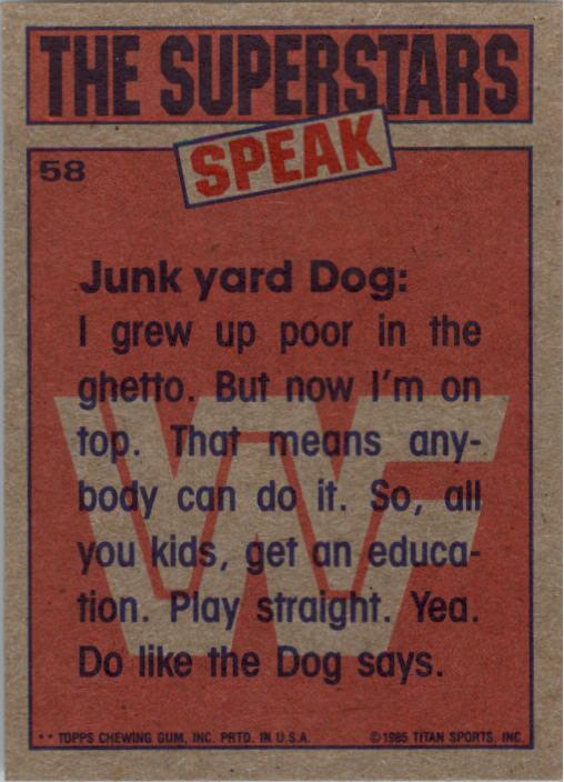 1985 Topps WWF #58 This dog has got a mean bite! SS back image