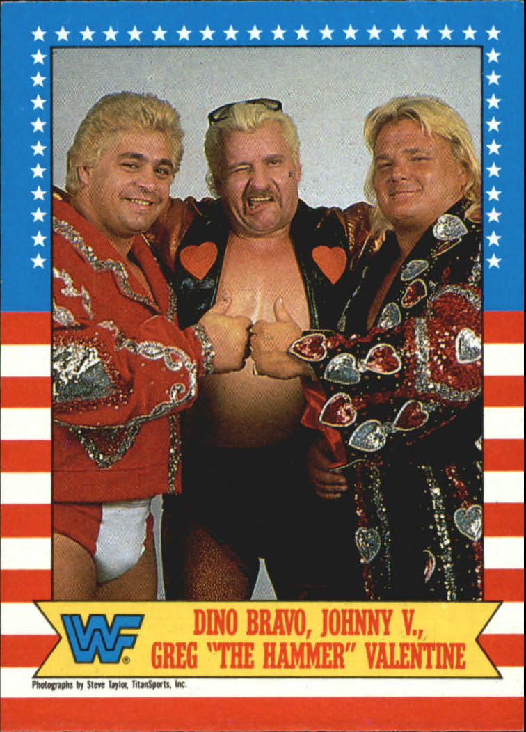 1987 Topps WWF #12 Dino Bravo, Johnny V., Greg The Hammer Valentine