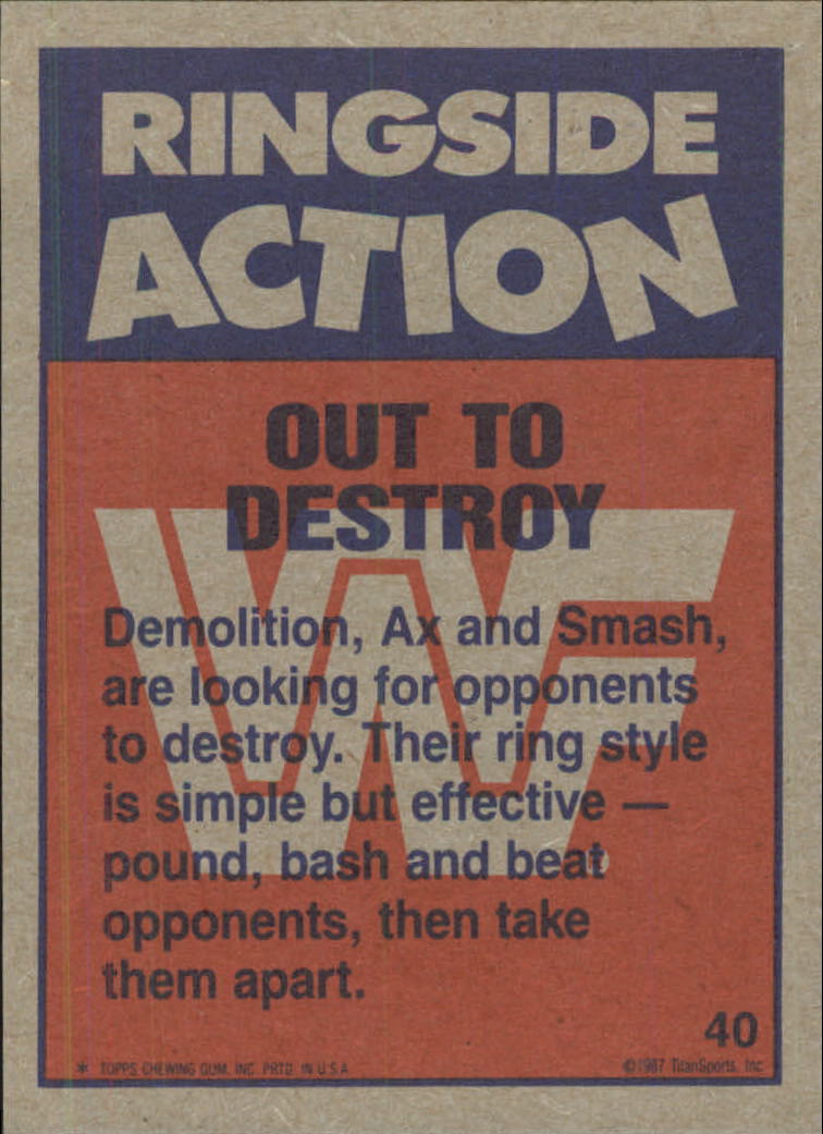 1987 Topps WWF #40 Out to Destroy RA back image