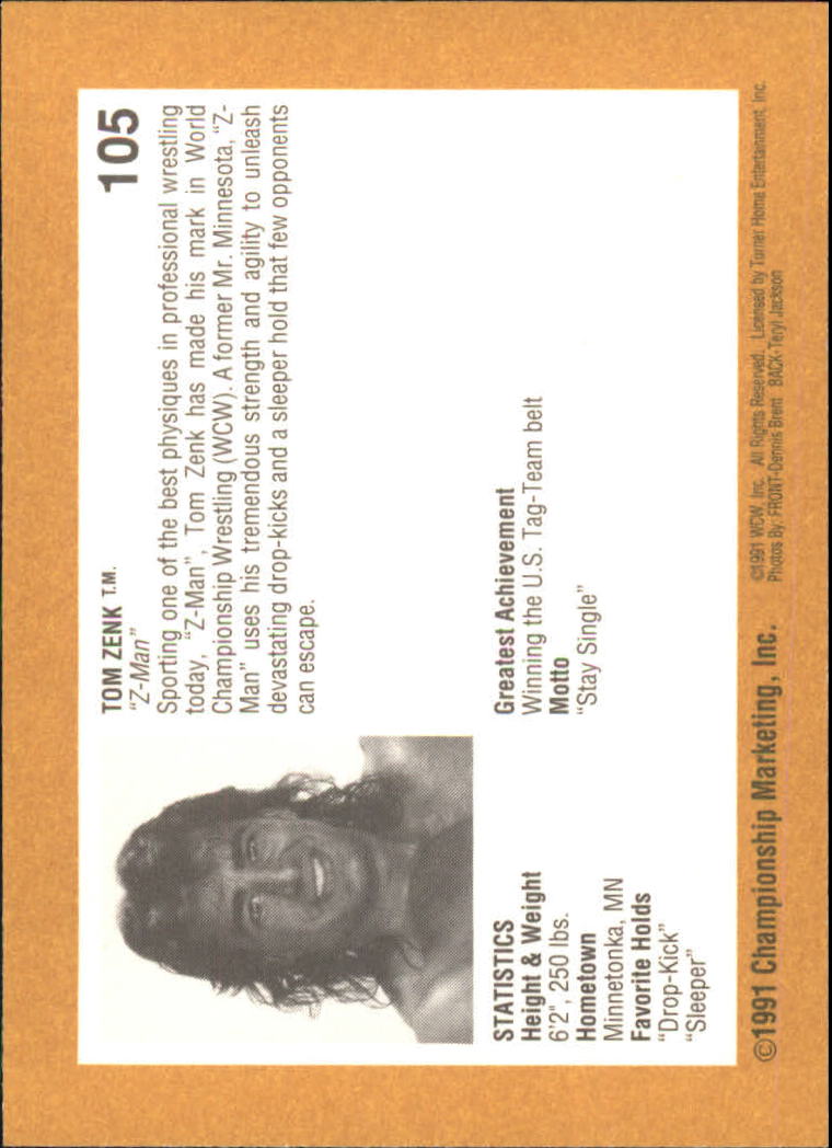 1991 Championship Marketing WCW #105 Z-Man Tom Zenk RC back image