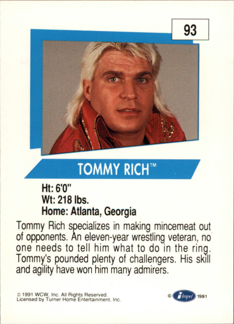 1991 Impel WCW #93 Tommy Rich RC back image