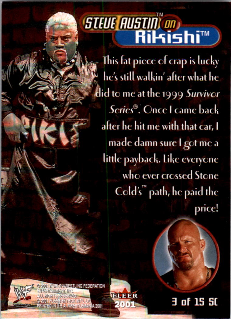 2001 Fleer WWF WrestleMania Stone Cold Said So #SC3 Steve Austin on Rikishi back image