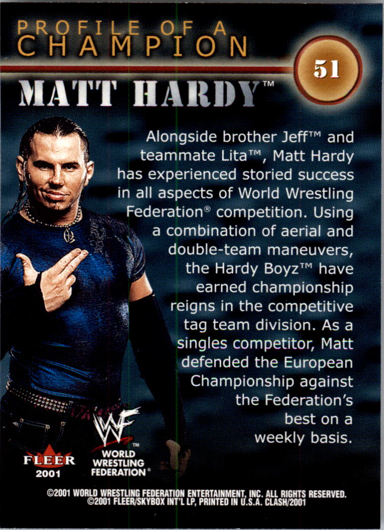2001 Fleer WWF Championship Clash #51 Matt Hardy PC back image