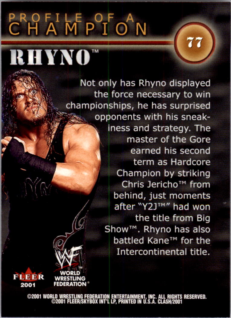 2001 Fleer WWF Championship Clash #77 Rhyno PC back image