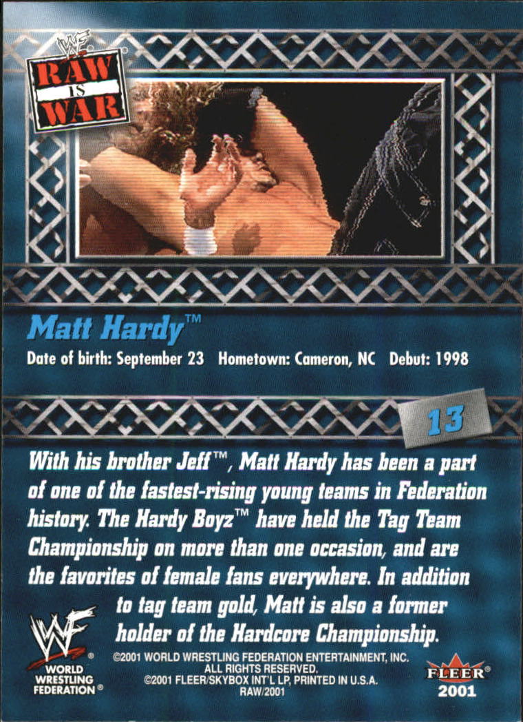 2001 Fleer WWF Raw Is War #13 Matt Hardy RC back image