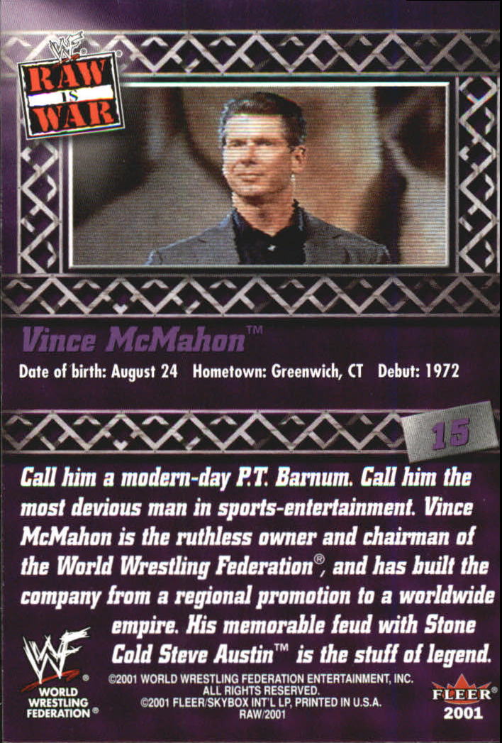 2001 Fleer WWF Raw Is War #15 Vince McMahon back image