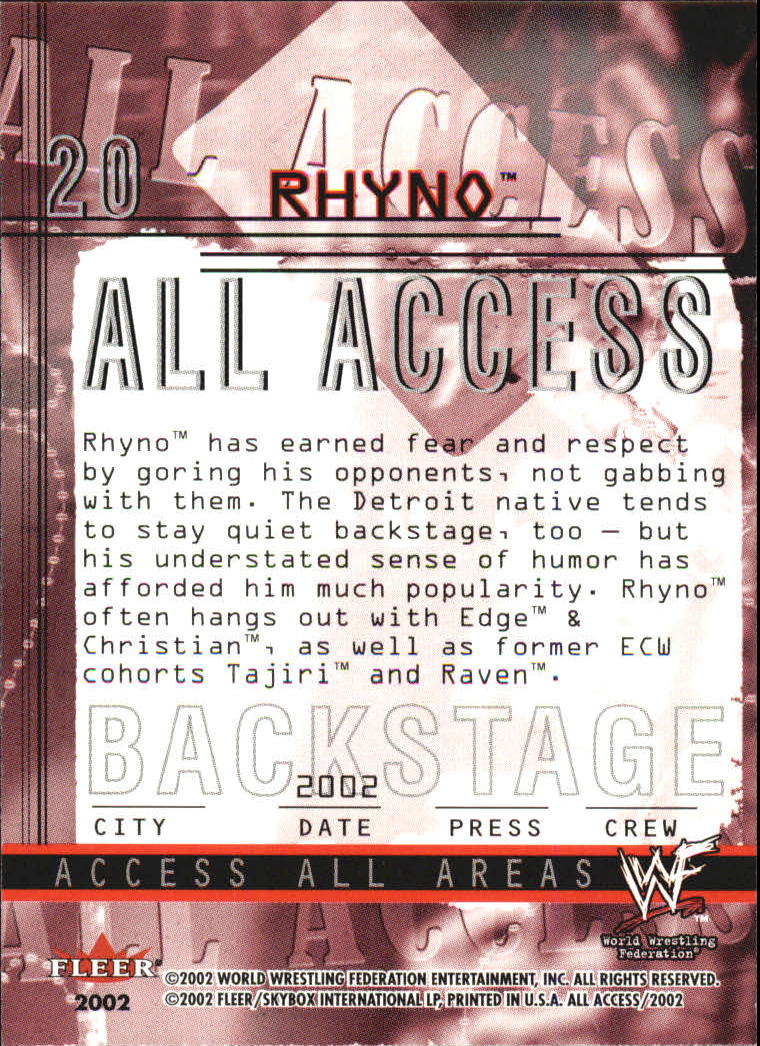 2002 Fleer WWF All Access #20 Rhyno back image
