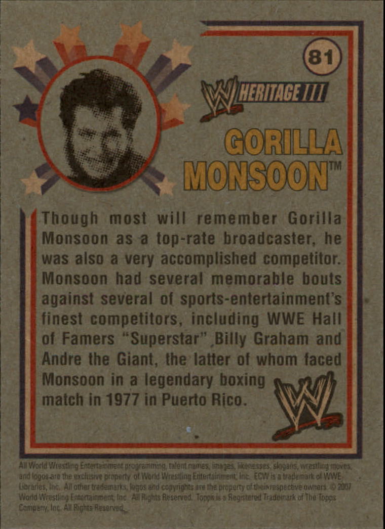 2007 Topps Heritage III WWE #81 Gorilla Monsoon L back image