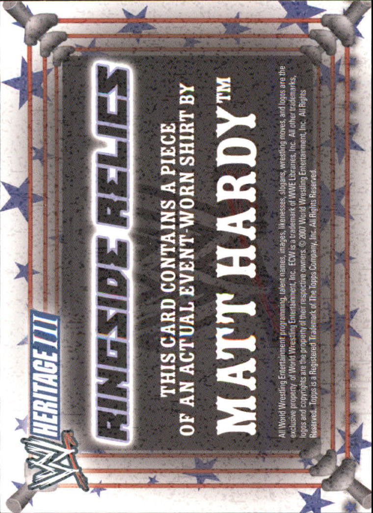 2007 Topps Heritage III WWE Event-Worn Ringside Relics #NNO Matt Hardy back image