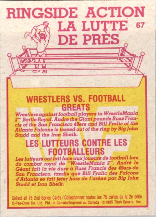 1985-86 O-Pee-Chee WWF Series 2 #67 Wrestlers vs. Football Greats back image