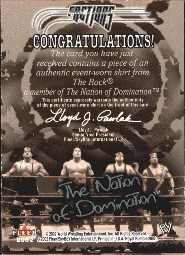 2002 Fleer WWE Royal Rumble Factions Memorabilia #NNO The Rock/Shirt back image