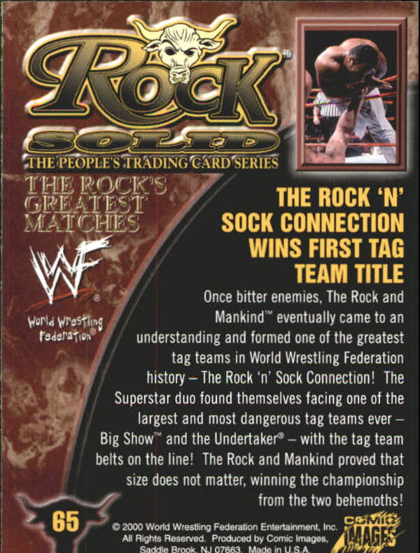 2000 Comic Images WWF Rock Solid #65 Rock 'N' Sock Wins First Title back image
