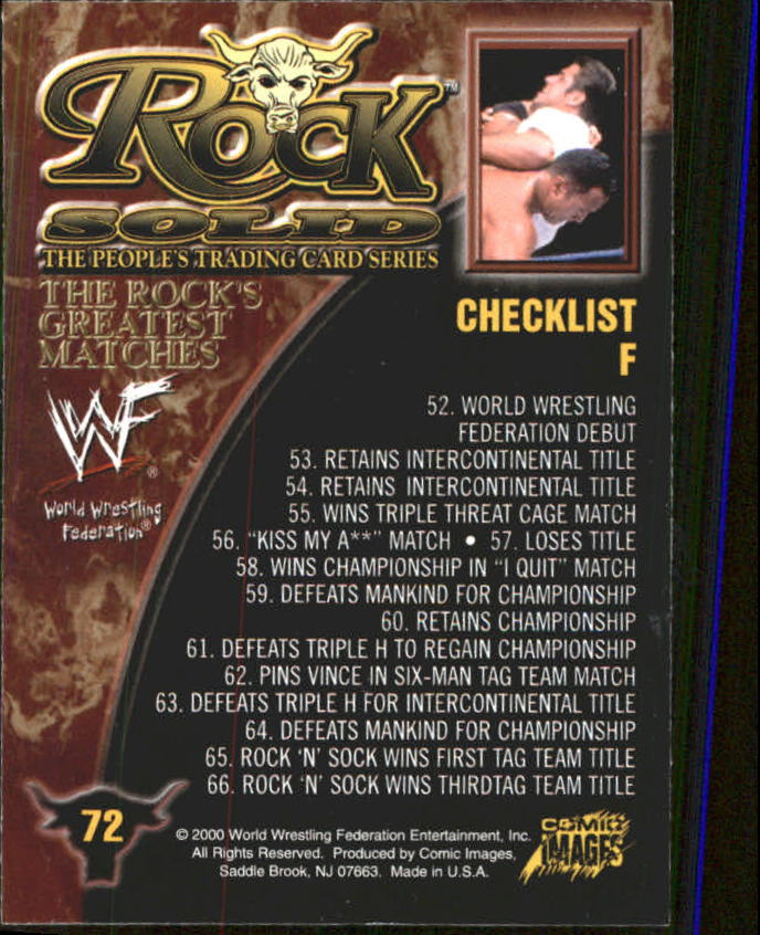 2000 Comic Images WWF Rock Solid #72 Checklist F/Rock with Stevie Richards back image