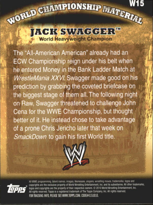 2010 Topps WWE World Championship Material #W15 Jack Swagger back image