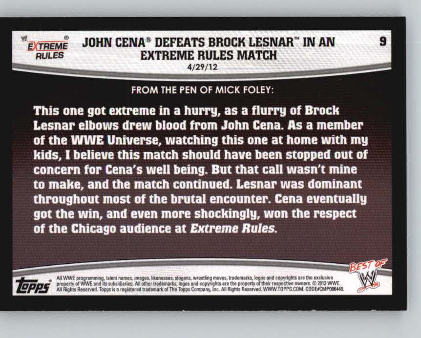 2013 Topps Best of WWE #9 John Cena Defeats Brock Lesnar in an Extreme Rules Match back image