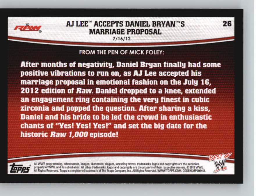2013 Topps Best of WWE #26 AJ Lee Accepts Daniel Bryan's Marriage Proposal back image