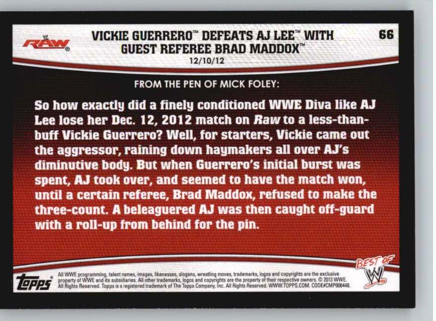 2013 Topps Best of WWE #66 Vickie Guerrero Defeats AJ Lee with Guest Referee Brad Maddox back image
