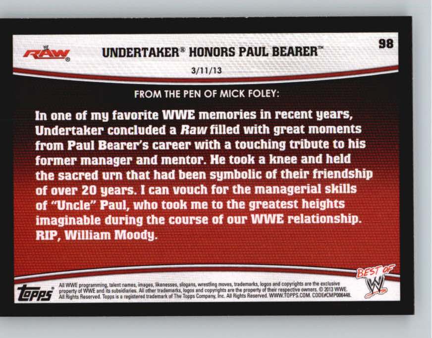 2013 Topps Best of WWE #98 Undertaker Honors Paul Bearer back image