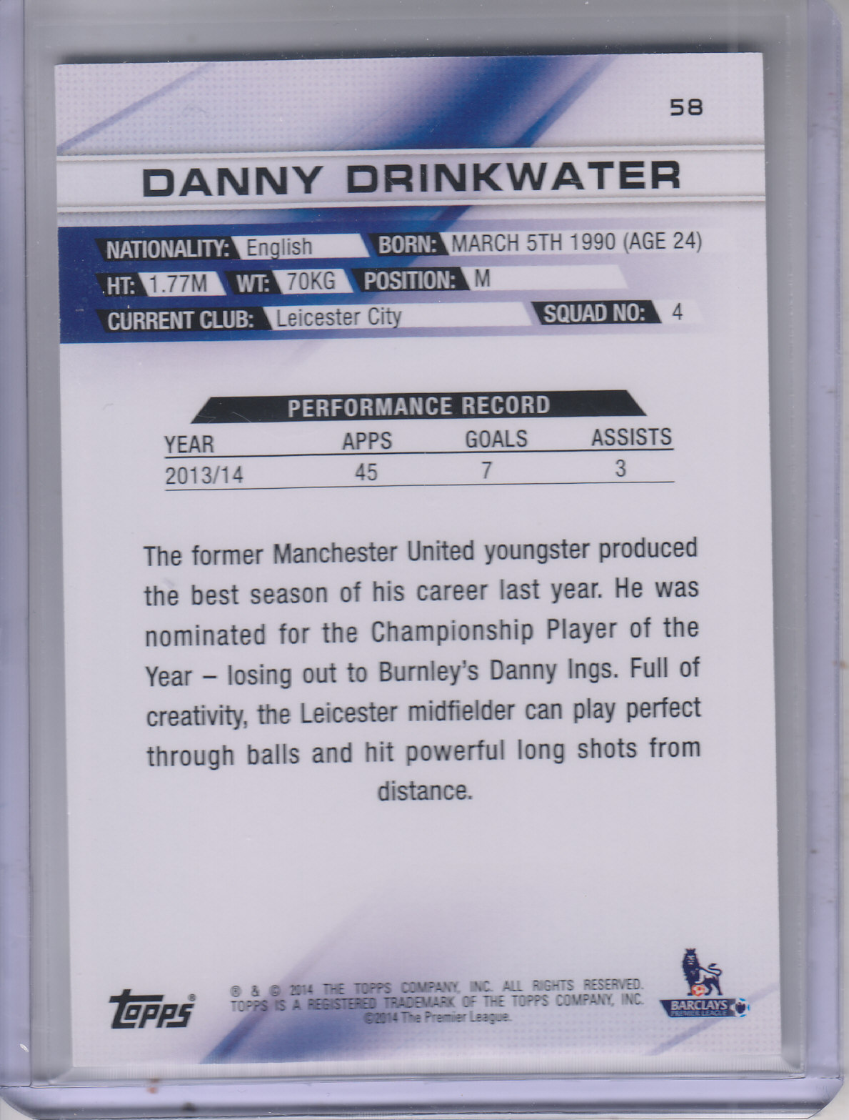 2014-15 Topps English Premier League Gold #58 Danny Drinkwater back image