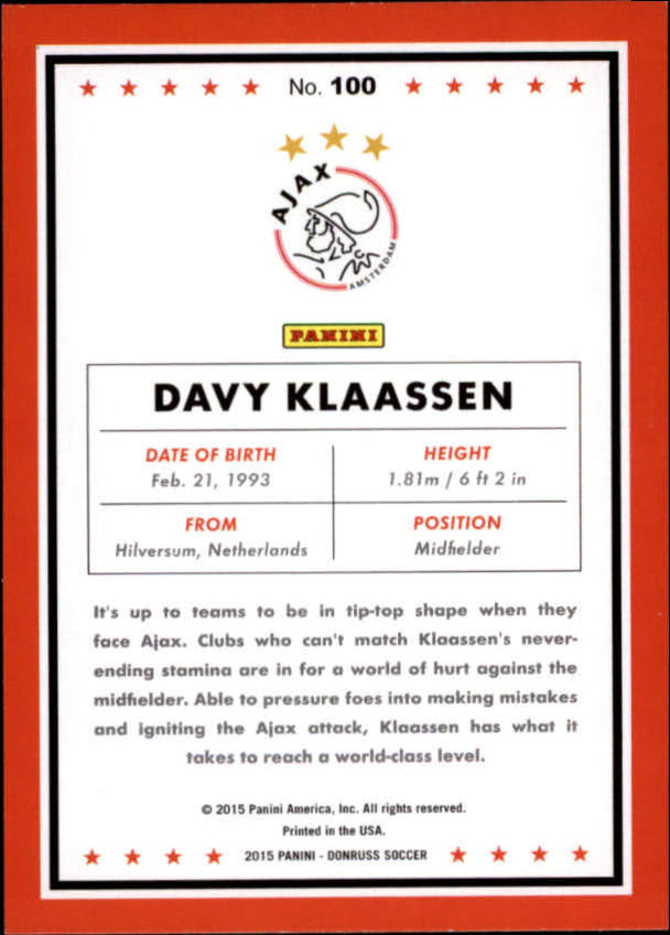 2015 Donruss #100 Davy Klaassen back image