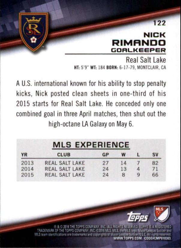 2016 Topps MLS #122 Nick Rimando back image