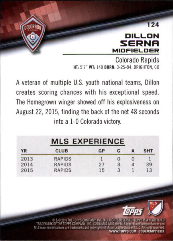 2016 Topps MLS #124 Dillon Serna back image