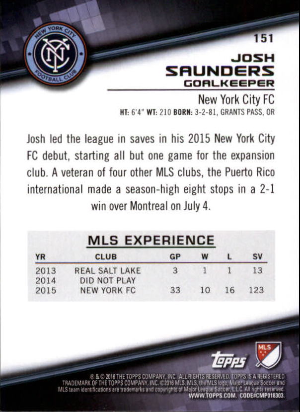 2016 Topps MLS #151 Josh Saunders back image