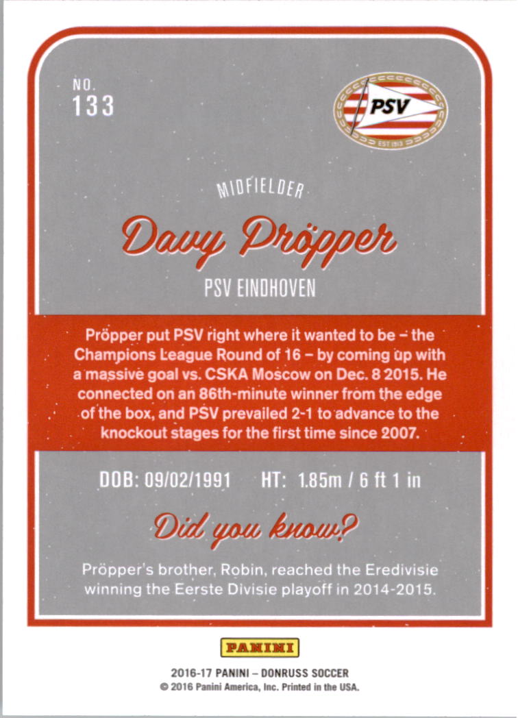 2016 Donruss #133 Davy Propper back image