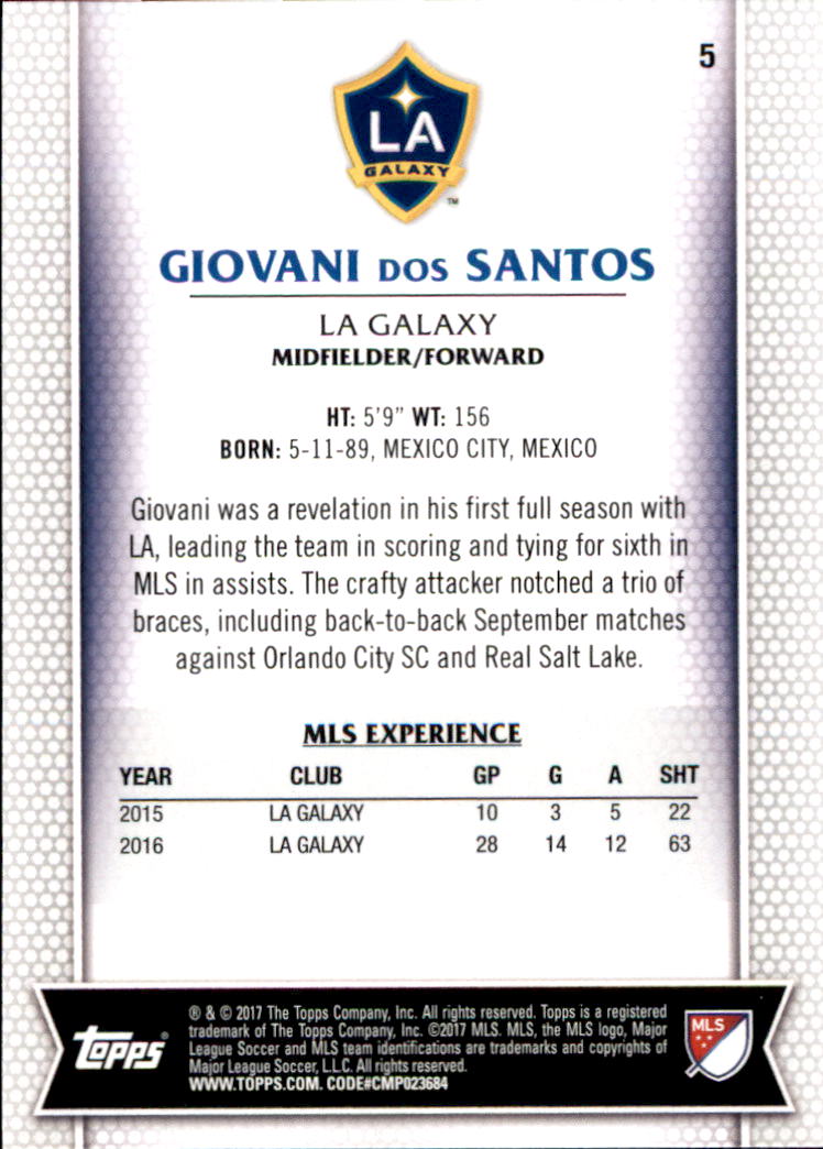 2017 Topps MLS #5 Giovani dos Santos back image