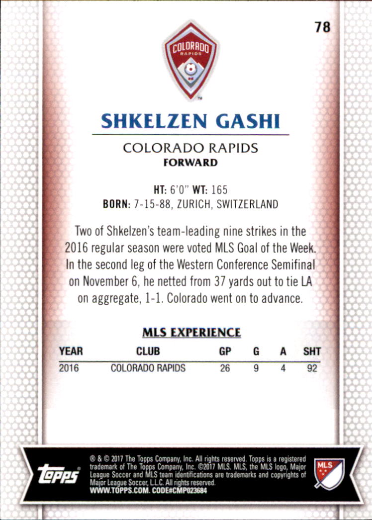 2017 Topps MLS #78 Shkelzen Gashi back image
