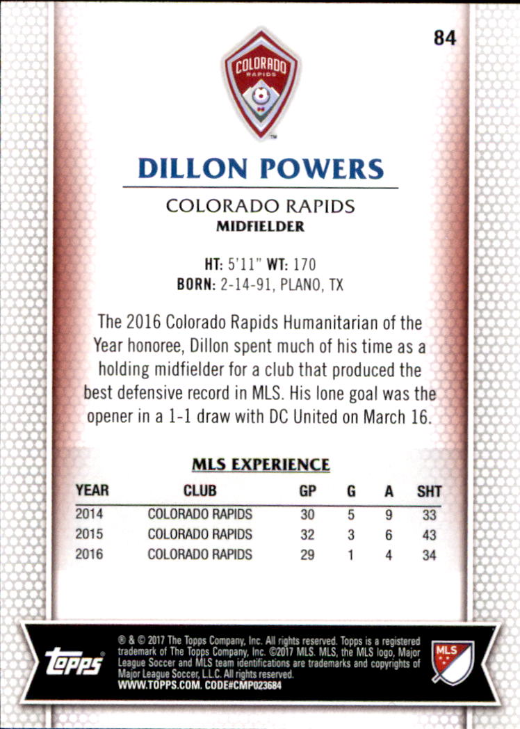 2017 Topps MLS #84 Dillon Powers back image