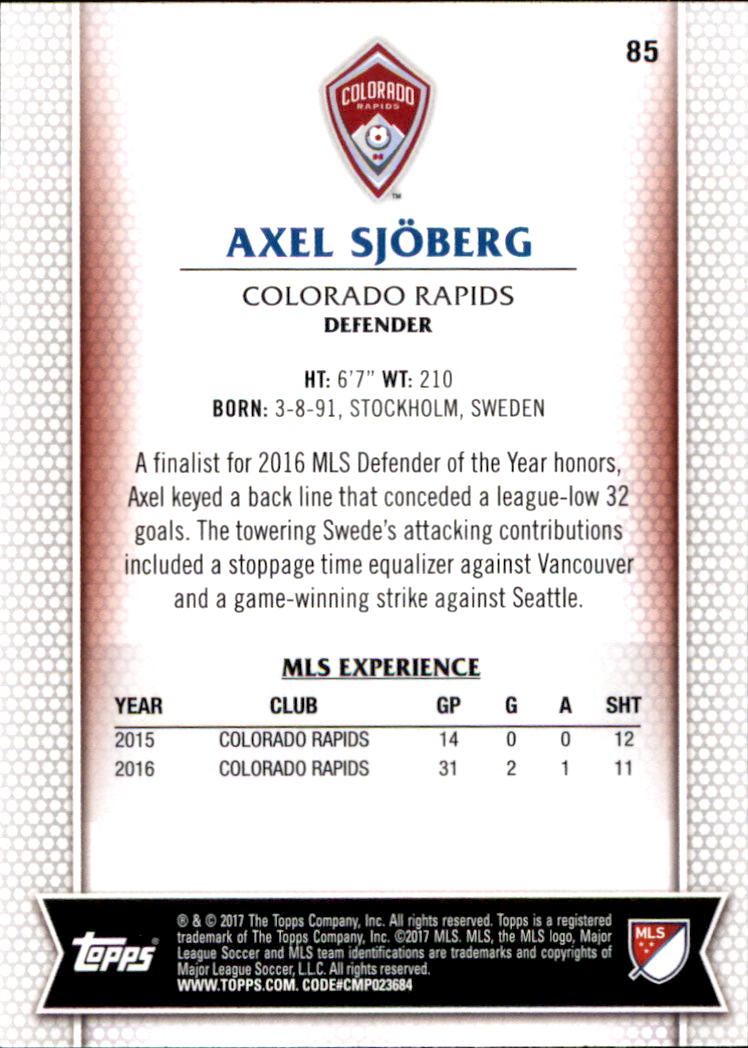 2017 Topps MLS #85 Axel Sjoberg back image