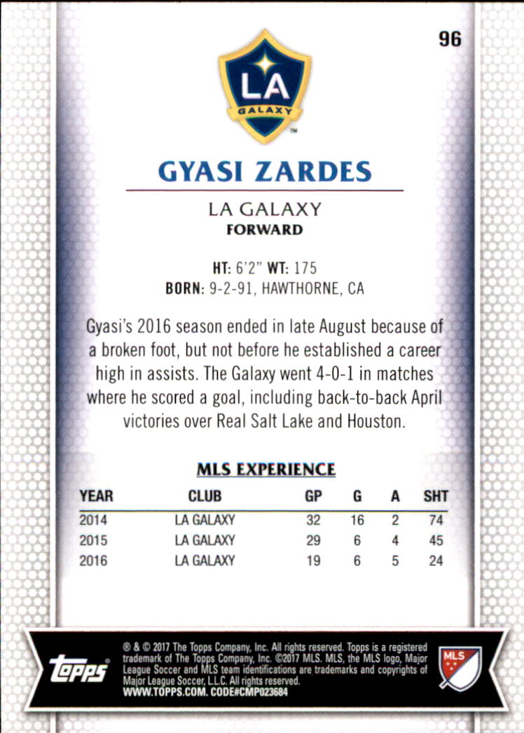 2017 Topps MLS #96 Gyasi Zardes back image