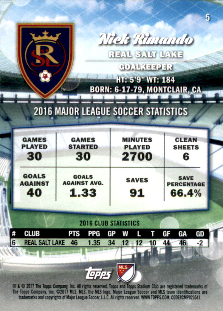 2017 Stadium Club MLS #5 Nick Rimando back image