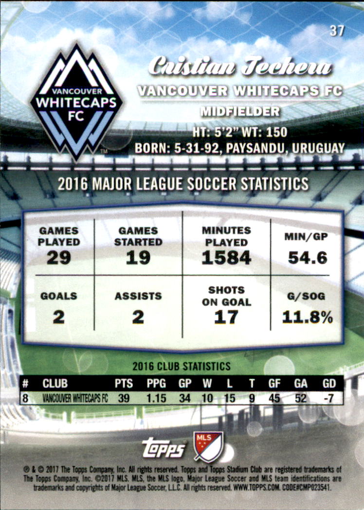 2017 Stadium Club MLS #37 Cristian Techera back image