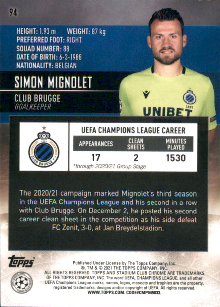2020-21 Stadium Club Chrome UEFA Champions League #94 Simon Mignolet back image