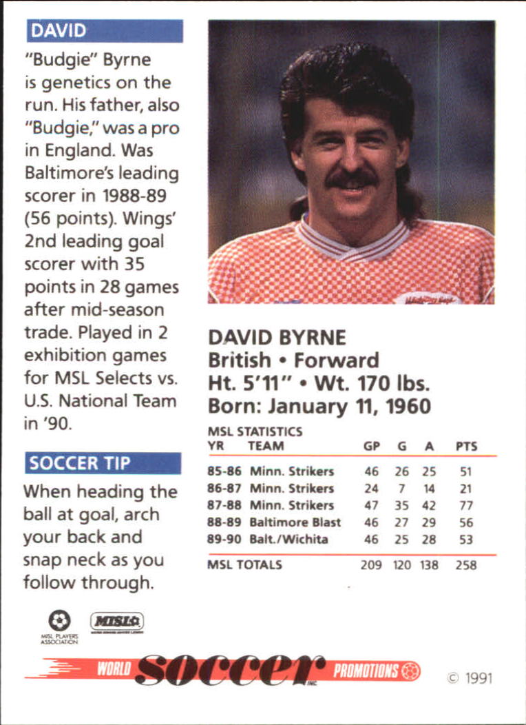 1991 Soccer Shots MSL #6 David Byrne back image