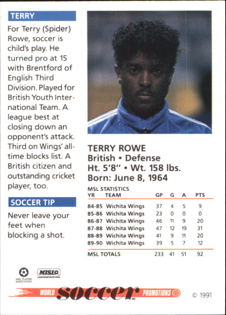 1991 Soccer Shots MSL #10 Terry Rowe back image