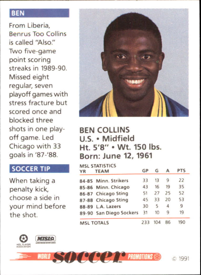 1991 Soccer Shots MSL #13 Ben Collins back image