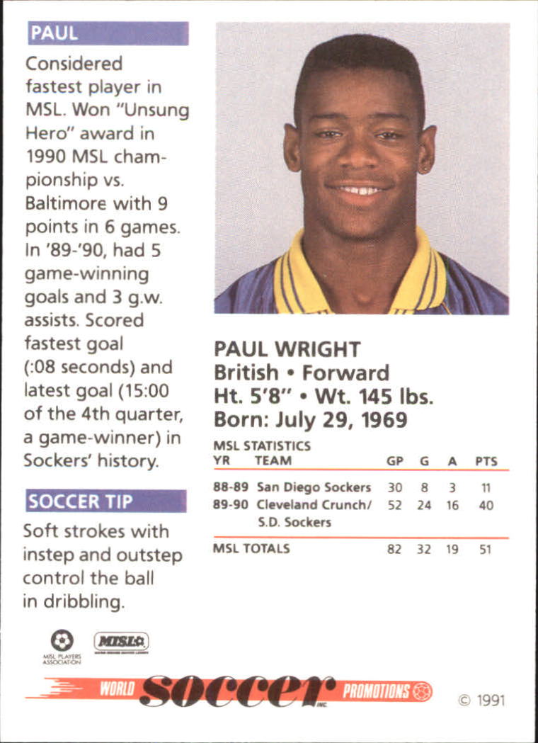 1991 Soccer Shots MSL #17 Paul Wright back image