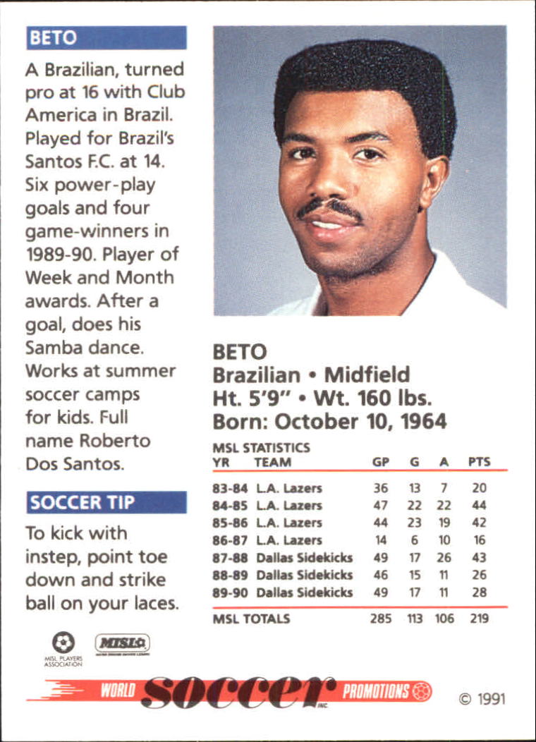 1991 Soccer Shots MSL #27 Beto back image