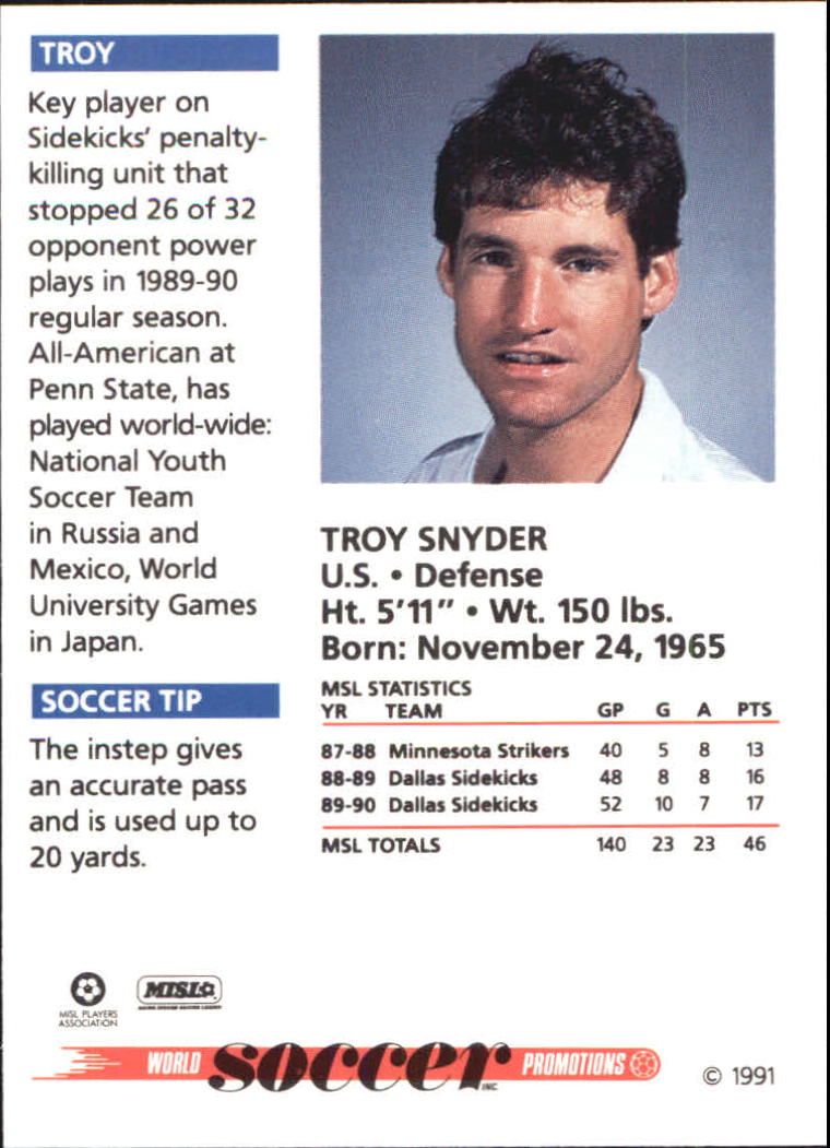 1991 Soccer Shots MSL #28 Troy Snyder back image