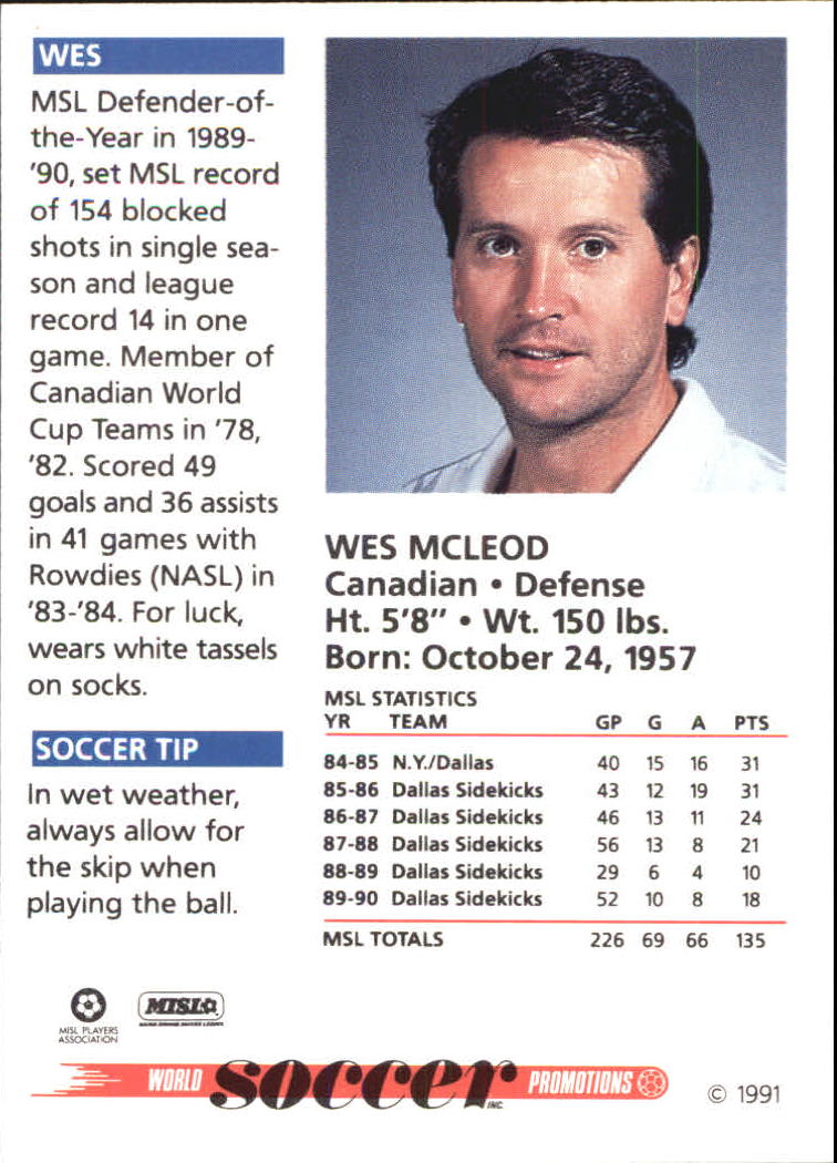 1991 Soccer Shots MSL #29 Wes McLeod back image