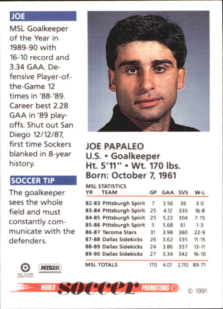 1991 Soccer Shots MSL #31 Joe Papaleo back image