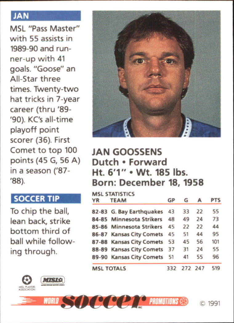 1991 Soccer Shots MSL #35 Jan Goossens back image