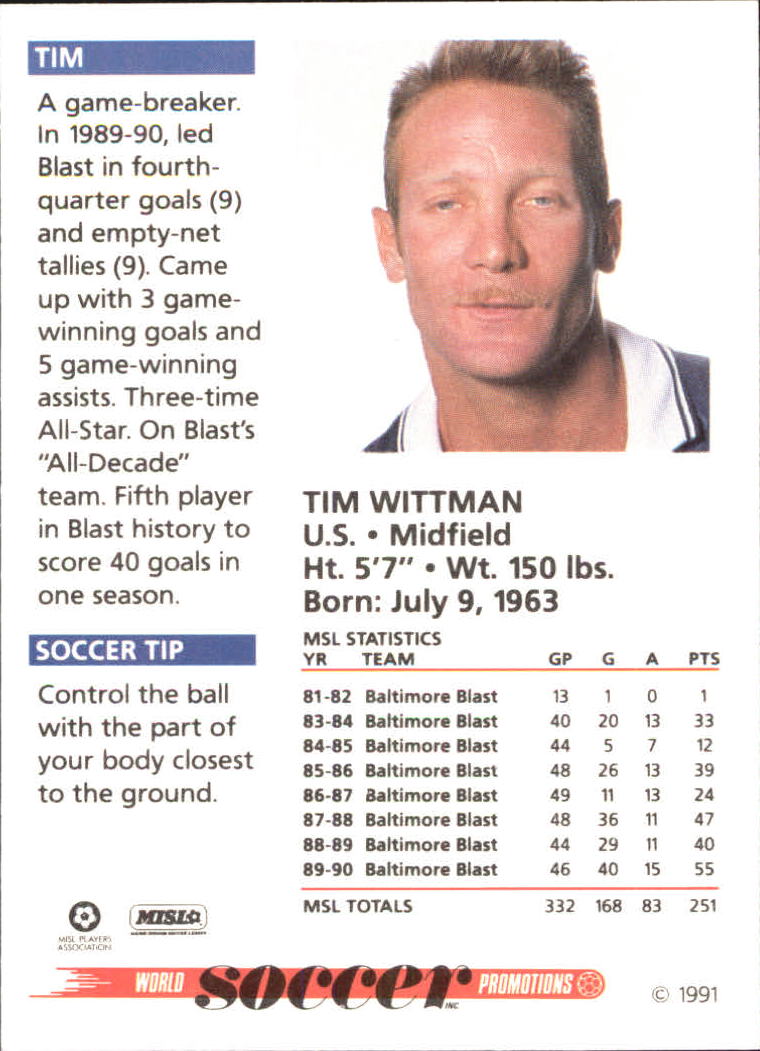 1991 Soccer Shots MSL #47 Tim Wittman back image