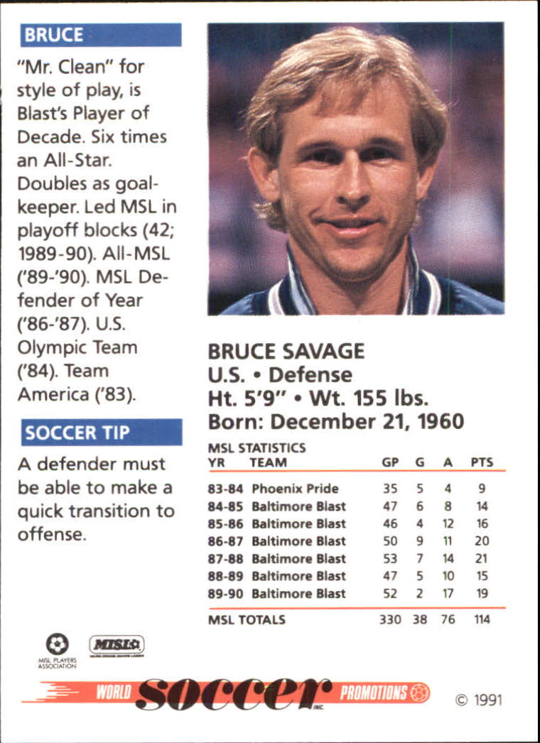 1991 Soccer Shots MSL #53 Bruce Savage back image
