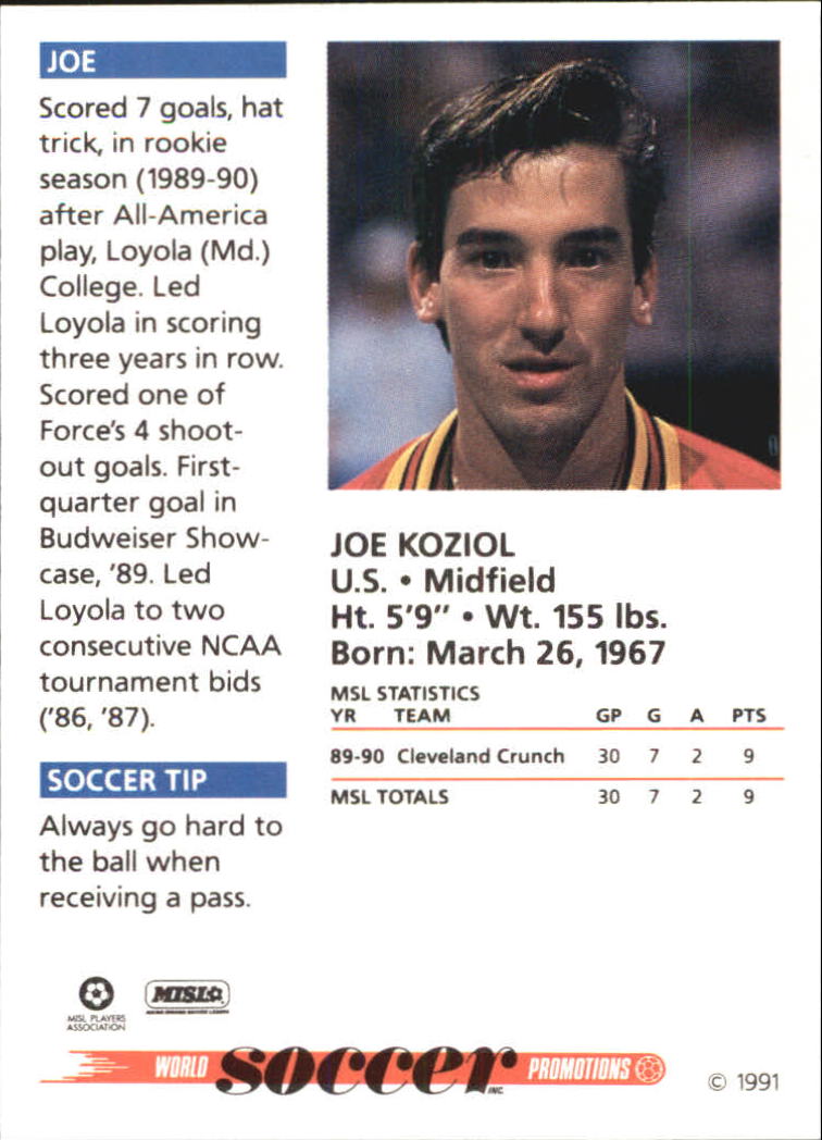 1991 Soccer Shots MSL #64 Joe Koziol back image